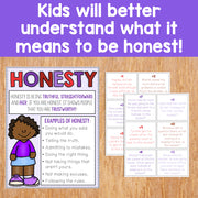 Educational materials on honesty for children on a wooden surface with text overlay.