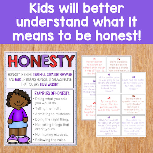 Educational materials on honesty for children on a wooden surface with text overlay.