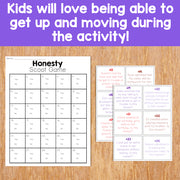 Honesty Scoot Game cards on a wooden surface with text about kids loving movement during activities.