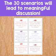 Set of cards with scenarios on a wooden surface and purple background
