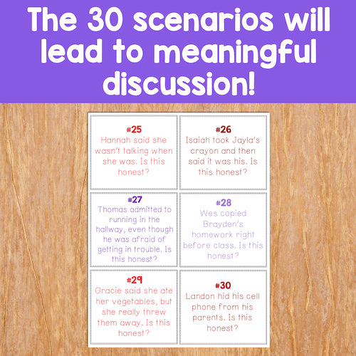 Set of cards with scenarios on a wooden surface and purple background