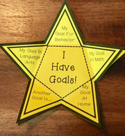 Star-shaped goal-setting sheet with text on a wooden surface