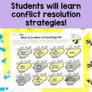 Worksheet titled 'What To Do When A Friend Bugs Me' with conflict resolution strategies on a yellow and purple background.