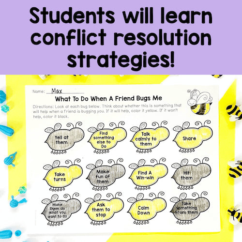 Worksheet titled 'What To Do When A Friend Bugs Me' with conflict resolution strategies on a yellow and purple background.