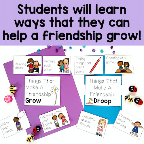 Educational materials on friendship with cards and illustrations on a purple background
