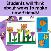 Educational materials for teaching friendship skills with colorful flowers and text on a purple background.