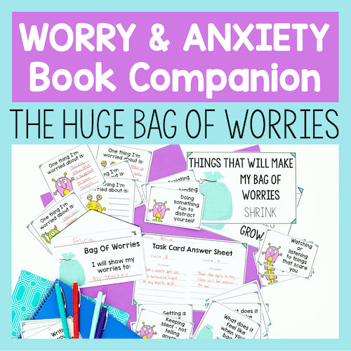 Educational materials for teaching about worry and anxiety with colorful cards and text on a blue background.