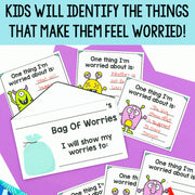 Educational materials for children to identify and express their worries on a purple background.
