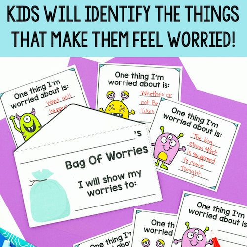 Educational materials for children to identify and express their worries on a purple background.