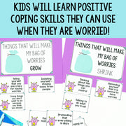 Educational materials for teaching kids about coping with worries, featuring text and illustrations on a purple background.