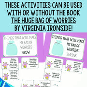 Educational materials for 'The Huge Bag of Worries' by Virginia Ironside with cards and text on a blue background.
