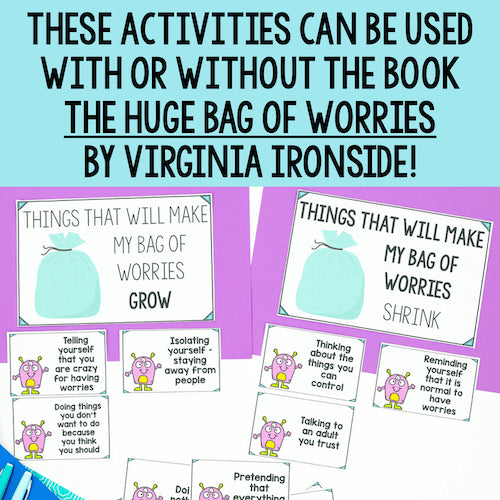 Educational materials for 'The Huge Bag of Worries' by Virginia Ironside with cards and text on a blue background.