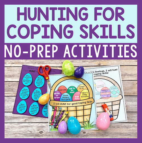 Educational materials for coping skills with colorful Easter-themed elements on a wooden background.