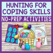 Educational materials for coping skills with colorful Easter-themed elements on a wooden background.