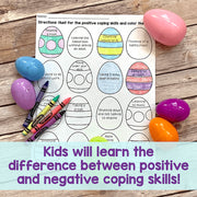 Colorful Easter eggs and crayons on a worksheet with coping skills activities on a wooden surface.