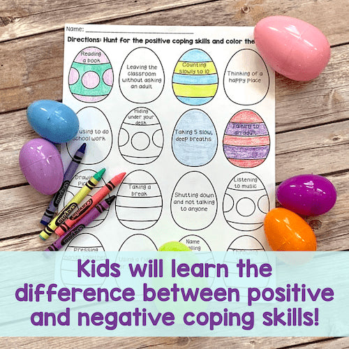 Colorful Easter eggs and crayons on a worksheet with coping skills activities on a wooden surface.