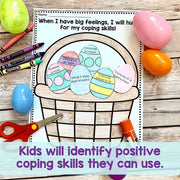 Educational activity sheet on a wooden surface with Easter eggs and crayons.