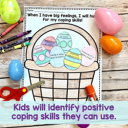 Educational activity sheet on a wooden surface with Easter eggs and crayons.