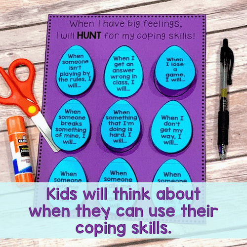 Purple worksheet with blue buttons labeled for coping skills on a wooden surface with stationery items.