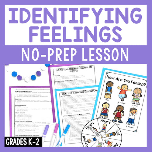 Educational materials for identifying feelings with worksheets and a feeling wheel on a purple background.