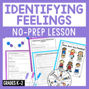 Educational materials for identifying feelings with worksheets and a feeling wheel on a purple background.