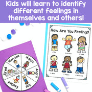 Educational materials for teaching children about feelings, including a wheel and a coloring sheet.