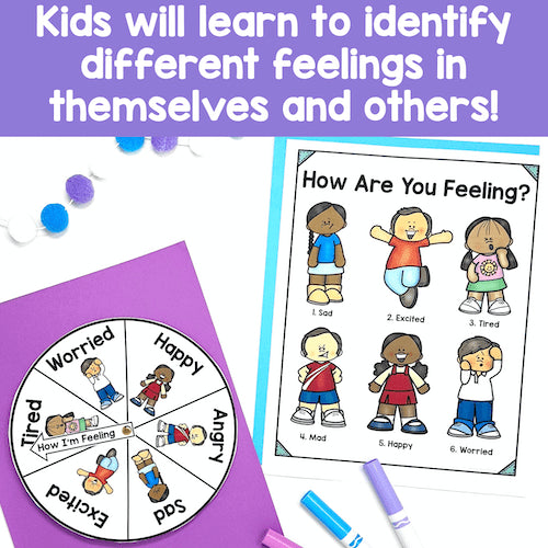 Educational materials for teaching children about feelings, including a wheel and a coloring sheet.