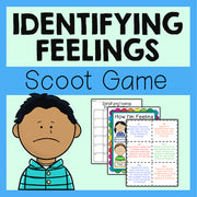 Cover of a 'Identifying Feelings Scoot Game' with a cartoon character and game cards on a blue and green background.