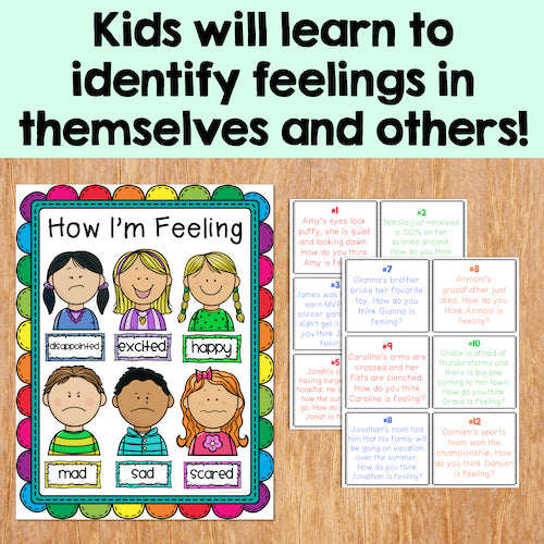 Educational materials for teaching children about feelings on a wooden surface.