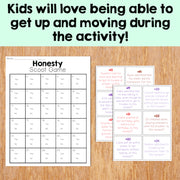 Honesty Scavenger Hunt game cards on a wooden surface with text about kids loving movement during activities.
