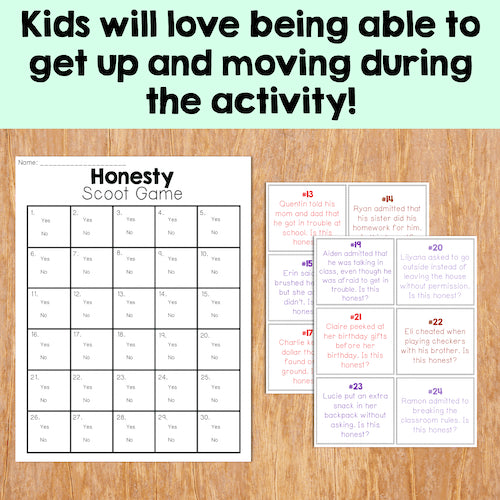 Honesty Scavenger Hunt game cards on a wooden surface with text about kids loving movement during activities.