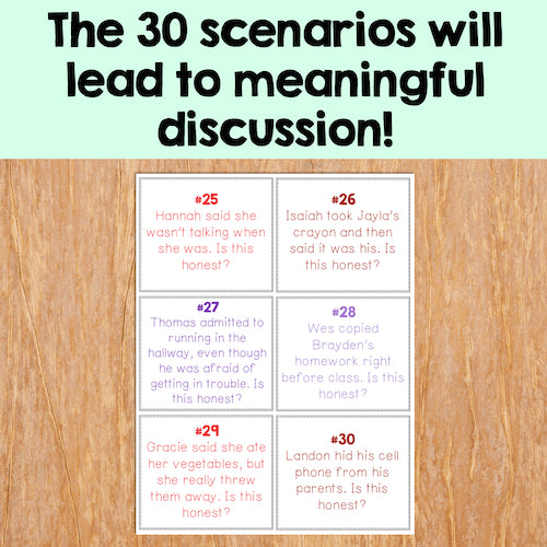 Educational cards on a wooden surface with text about scenarios for discussion.