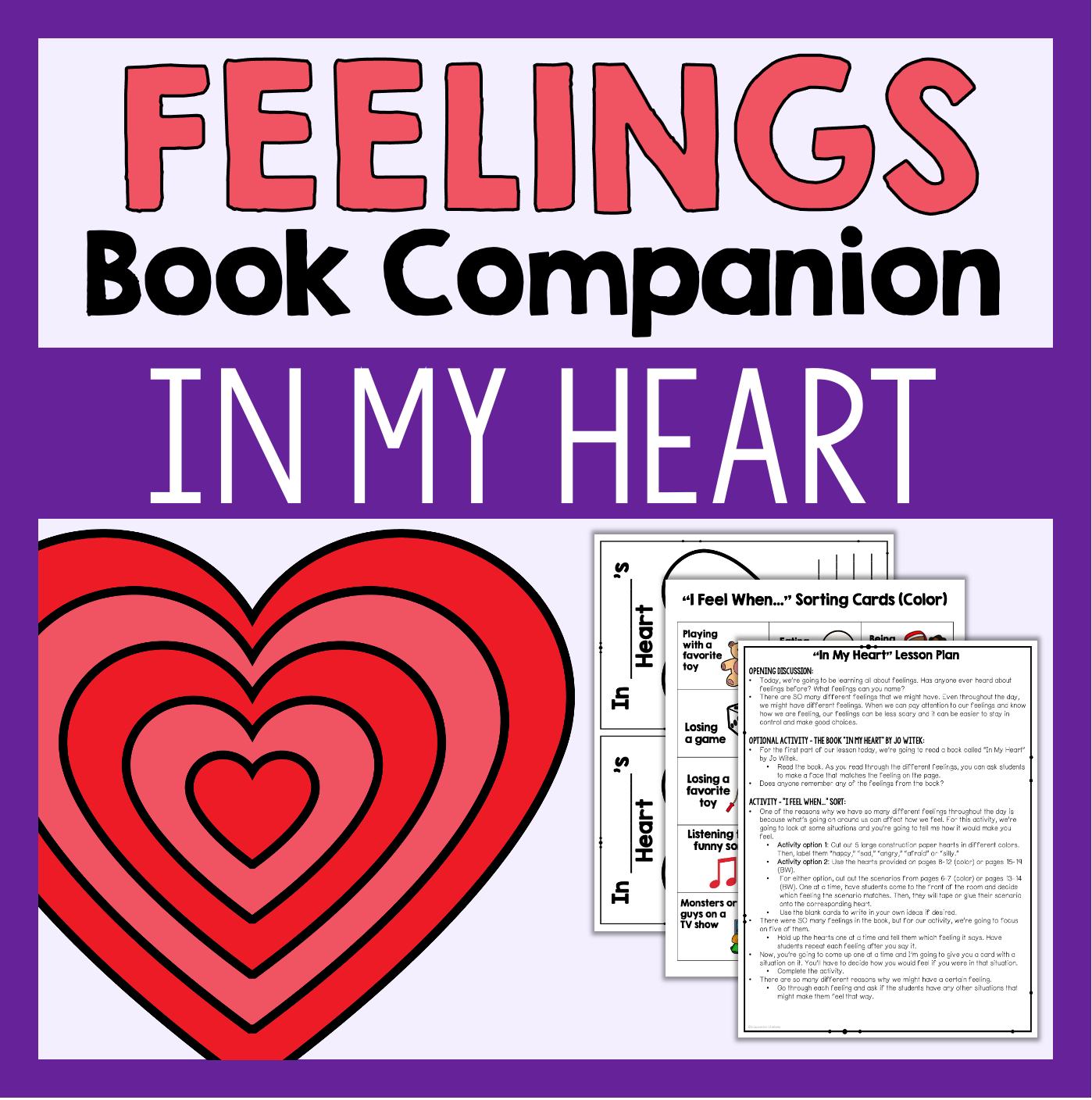 Educational materials for teaching feelings, including a heart graphic and text about 'In My Heart' book companion.