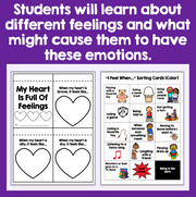 Educational materials for teaching emotions with heart illustrations and sorting cards on a purple background.