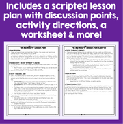 Scripted lesson plan with discussion points and activity directions on a purple background