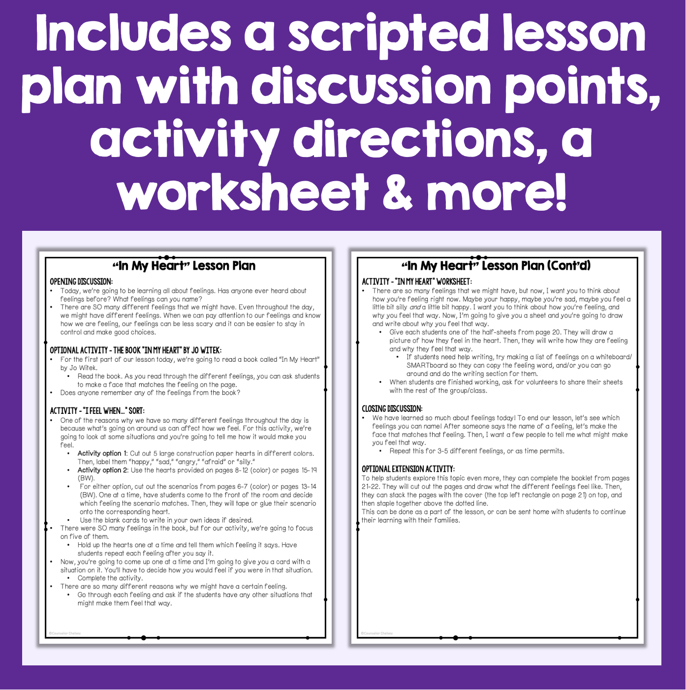 Scripted lesson plan with discussion points and activity directions on a purple background