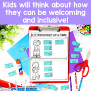 Educational activity sheet titled 'Is It Welcoming? Cut & Paste' with cutout cards and stationery items on a colorful background.