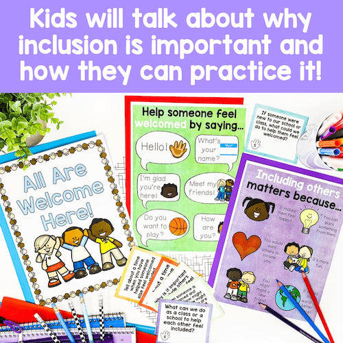 Educational materials on inclusion with colorful posters and text.