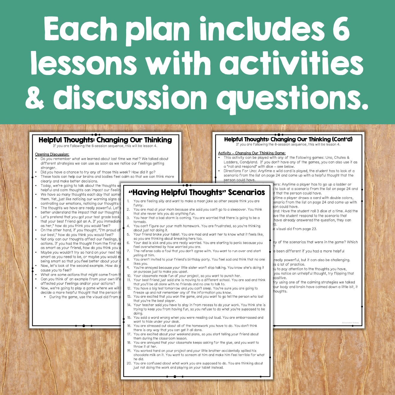 Educational materials with text about lesson plans and activities on a wooden surface.