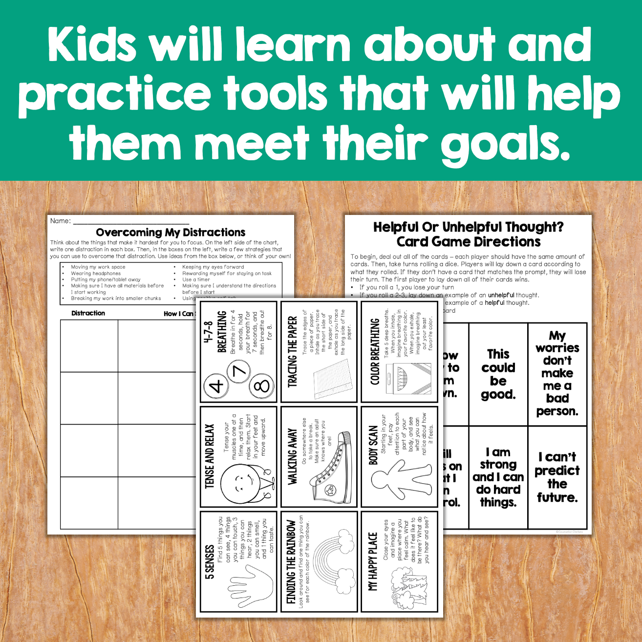 Educational materials for kids on a wooden surface with text about goal achievement.