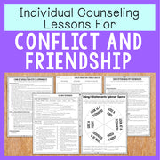 Collection of counseling worksheets on a wooden surface with a purple background and text about conflict and friendship.