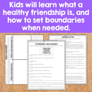 Educational materials on a wooden surface with text about learning healthy friendships and setting boundaries.