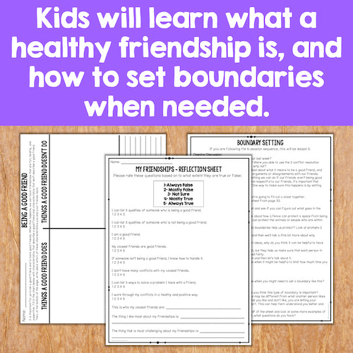 Educational materials on a wooden surface with text about learning healthy friendships and setting boundaries.