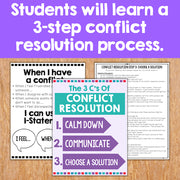 Educational materials on conflict resolution with text and graphics on a wooden surface.