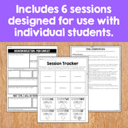 Educational materials with worksheets and a session tracker on a wooden surface.