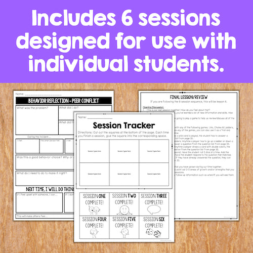Educational materials with worksheets and a session tracker on a wooden surface.