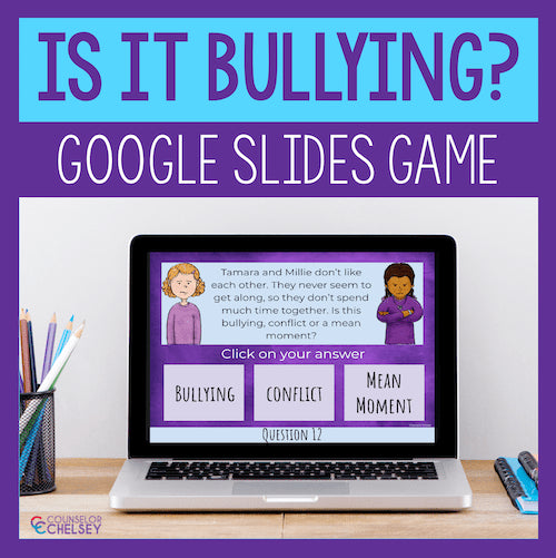 Laptop displaying a Google Slides game about bullying with a purple border and text.