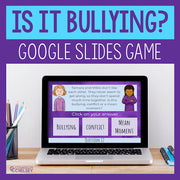 Laptop displaying a Google Slides game about bullying with a purple border and text.