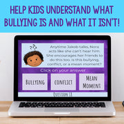Laptop displaying an educational screen about understanding bullying on a wooden surface with a blue background.