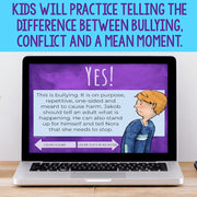 Laptop screen displaying an educational program about distinguishing between bullying, conflict, and a mean moment.
